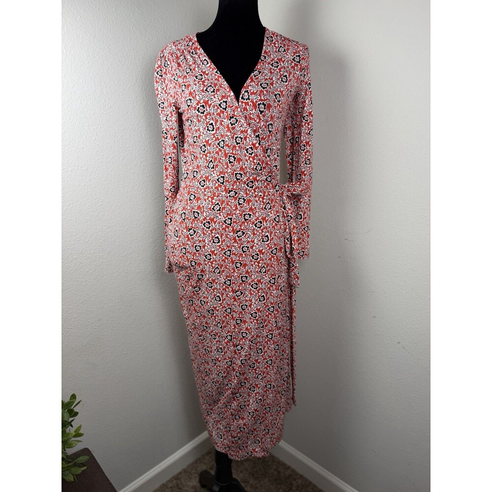 Boden Red Floral Wrap Midi Dress Size 4 Long Sleeve V Neck Tie Waist